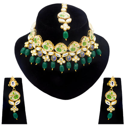 Sujwel Kundan and Painting with Floral Design Chokar Necklace Set (08-0281) - Sujwel