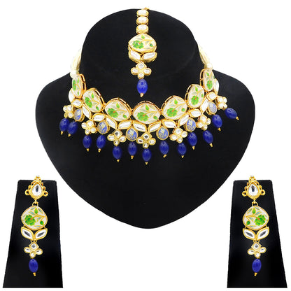 Sujwel Kundan and Painting with Floral Design Chokar Necklace Set (08-0281) - Sujwel