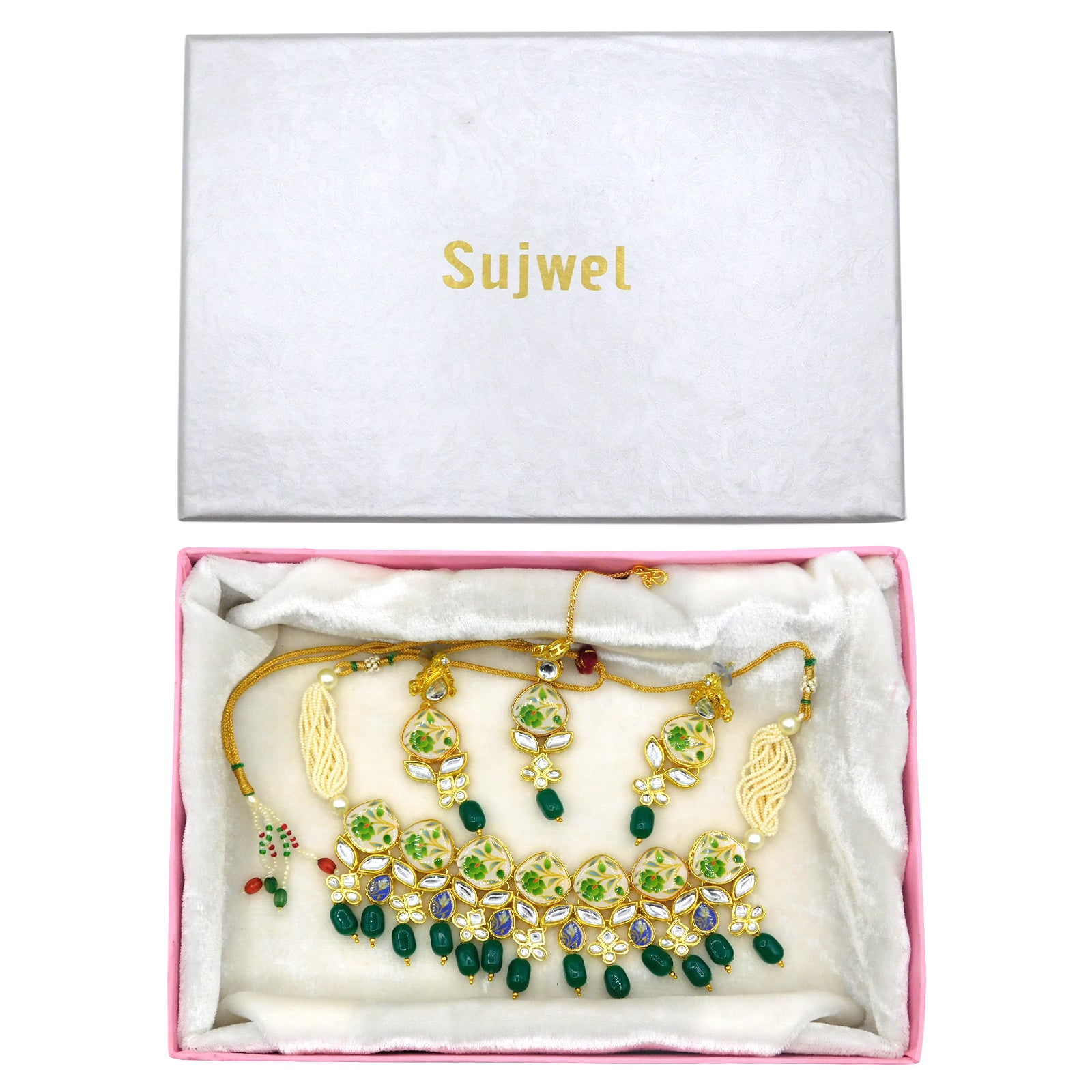 Sujwel Kundan and Painting with Floral Design Chokar Necklace Set (08-0281) - Sujwel