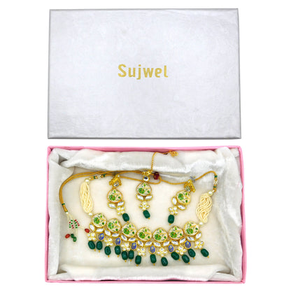 Sujwel Kundan and Painting with Floral Design Chokar Necklace Set (08-0281) - Sujwel