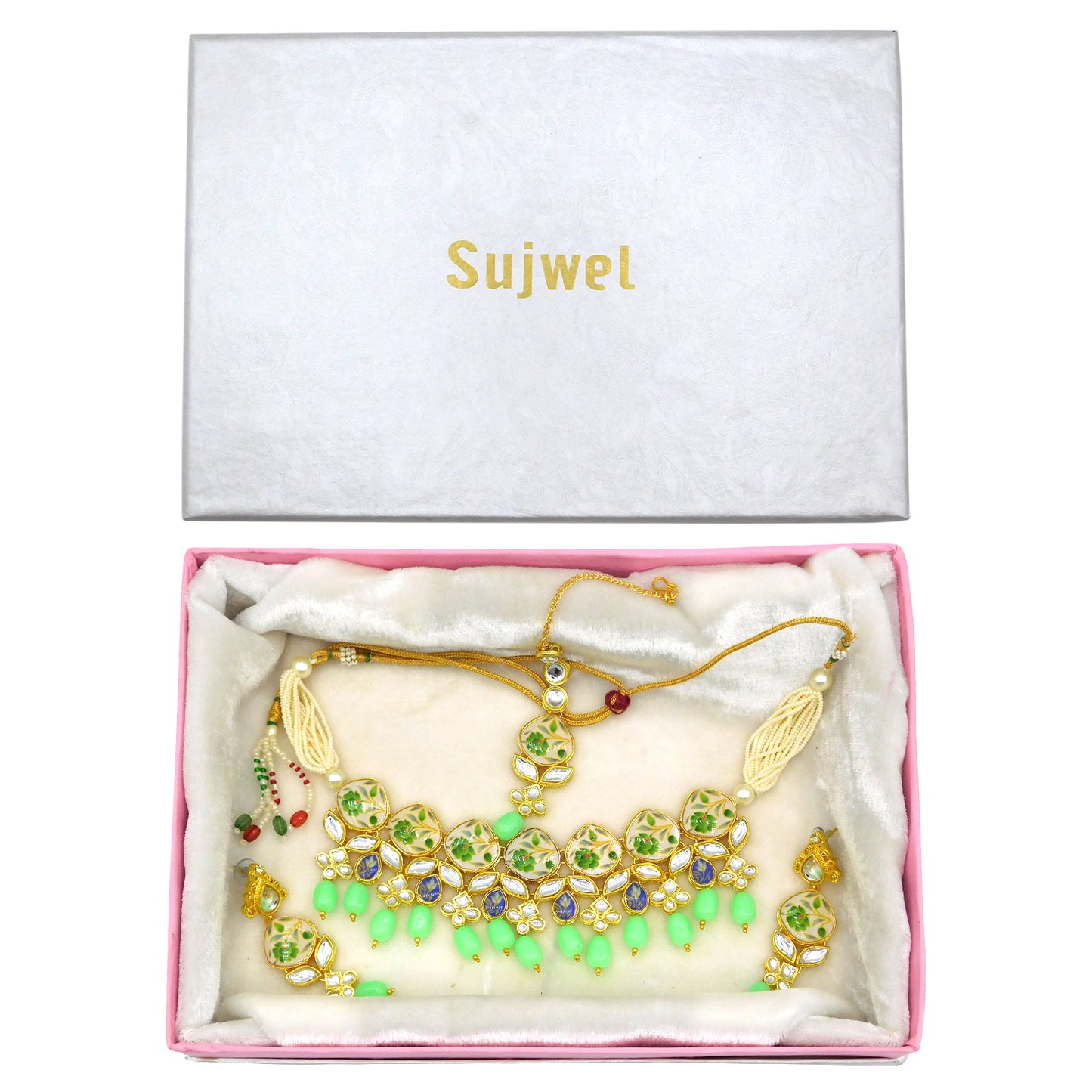 Sujwel Kundan and Painting with Floral Design Chokar Necklace Set (08-0281) - Sujwel