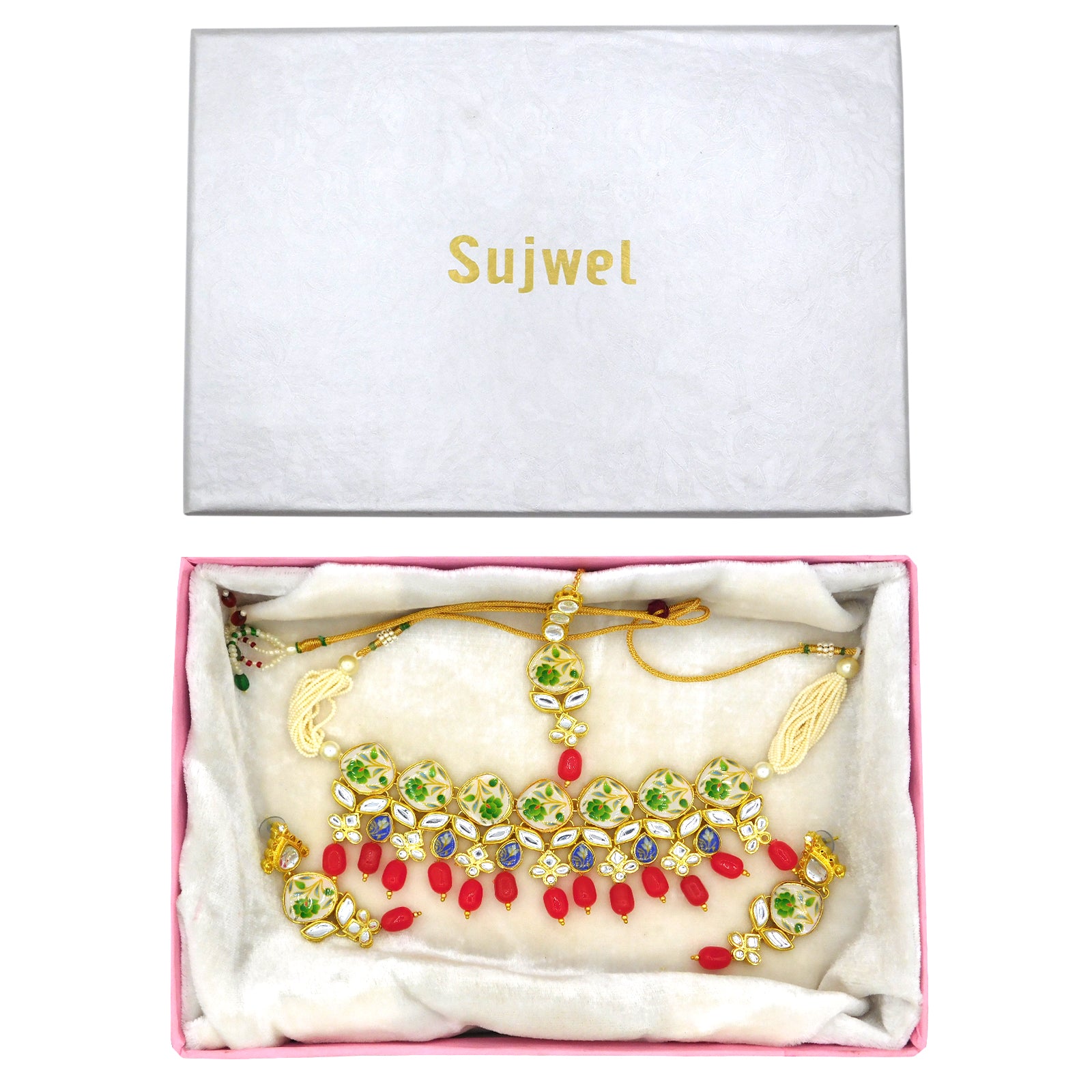 Sujwel Kundan and Painting with Floral Design Chokar Necklace Set (08-0281) - Sujwel