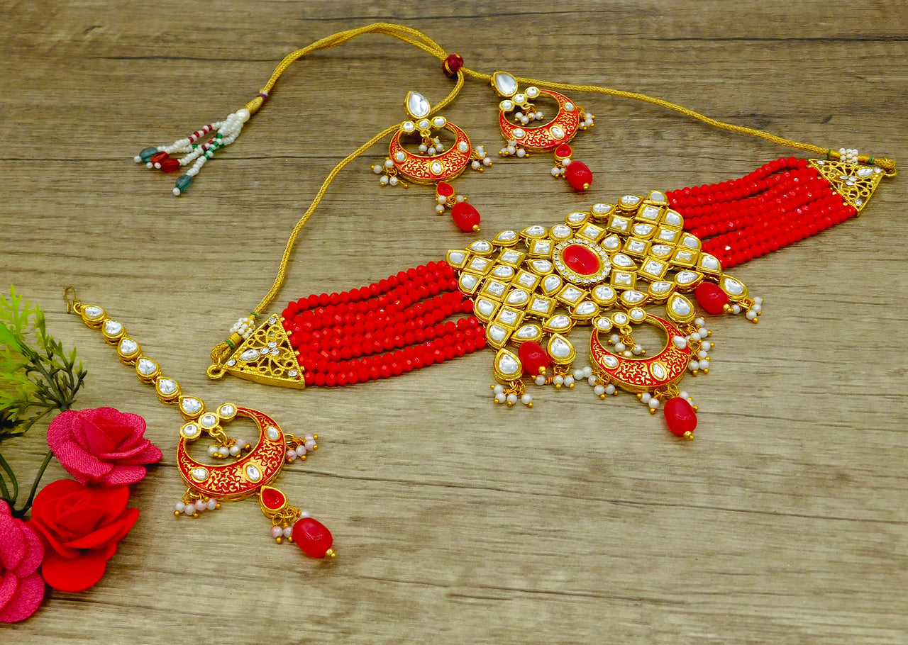 Sujwel Gold Plated Kundan Choker Necklace Set For Women (08-0261) - Sujwel