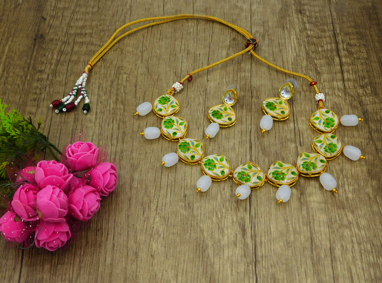 Sujwel Painting with Floral Design Chokar Necklace Set (08-0433) - Sujwel