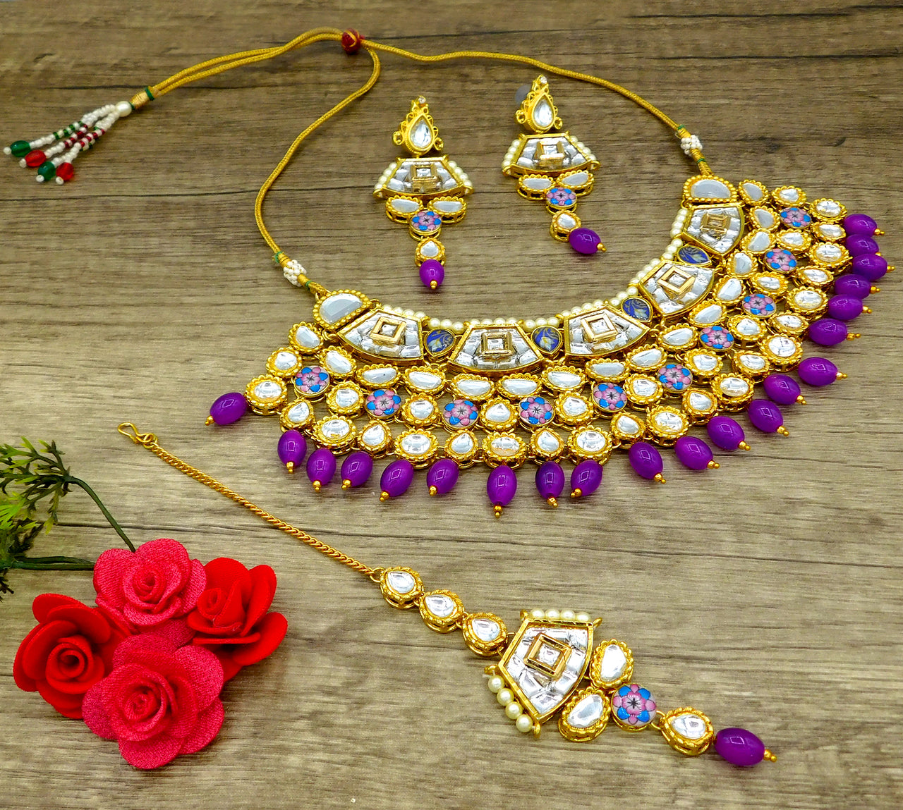 Sujwel Gold Plated Kundan Design Choker Necklace Set For Women (08-0289) - Sujwel