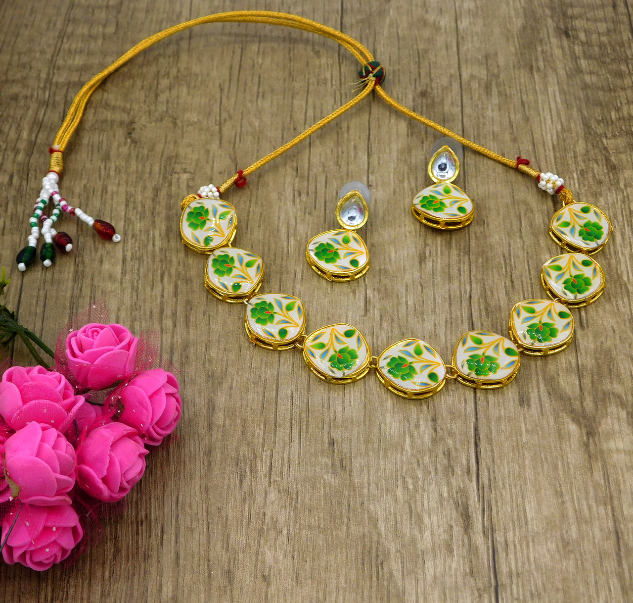 Sujwel Painting with Floral Design Chokar Necklace Set (08-0431) - Sujwel