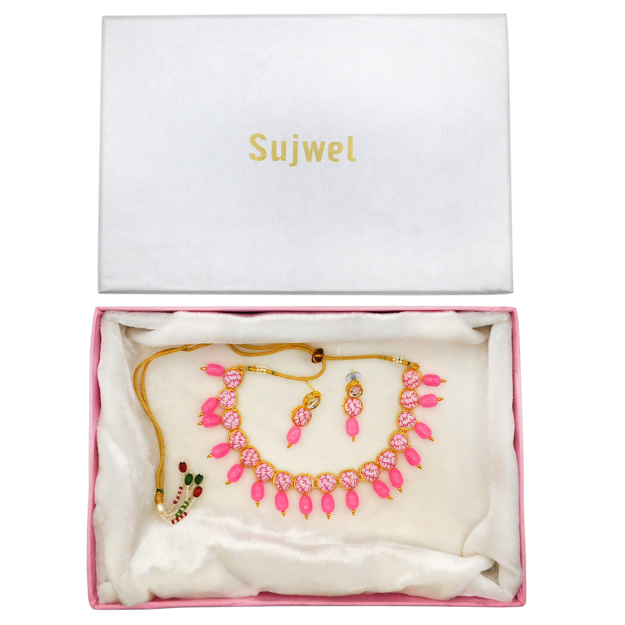 Sujwel Painting with Floral Design Chokar Necklace Set (08-0430) - Sujwel