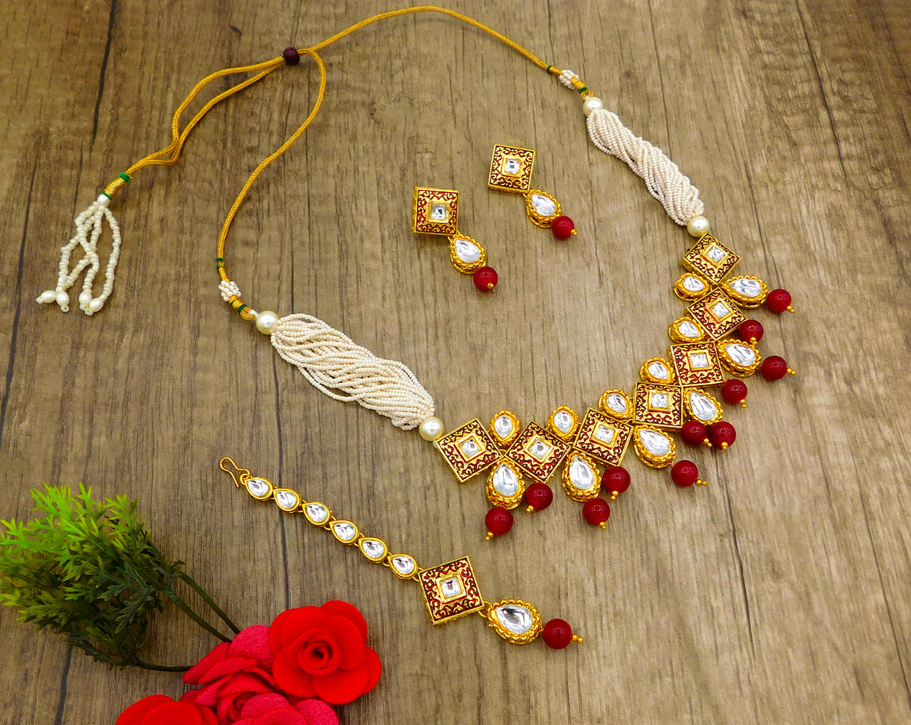 Sujwel Gold Plated Kundan Meenakari Design Choker Necklace Set (08-0122) - Sujwel