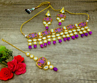 Thumbnail for Sujwel Traditional Beaded Kundan Necklace Set With Maang Tikka for Women & Girls - Sujwel