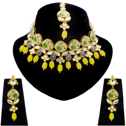 Sujwel Kundan and Painting with Floral Design Chokar Necklace Set (08-0281) - Sujwel