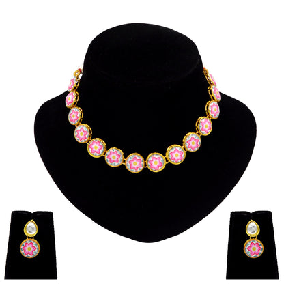 Sujwel Painting with Floral Design Chokar Necklace Set (08-0433) - Sujwel