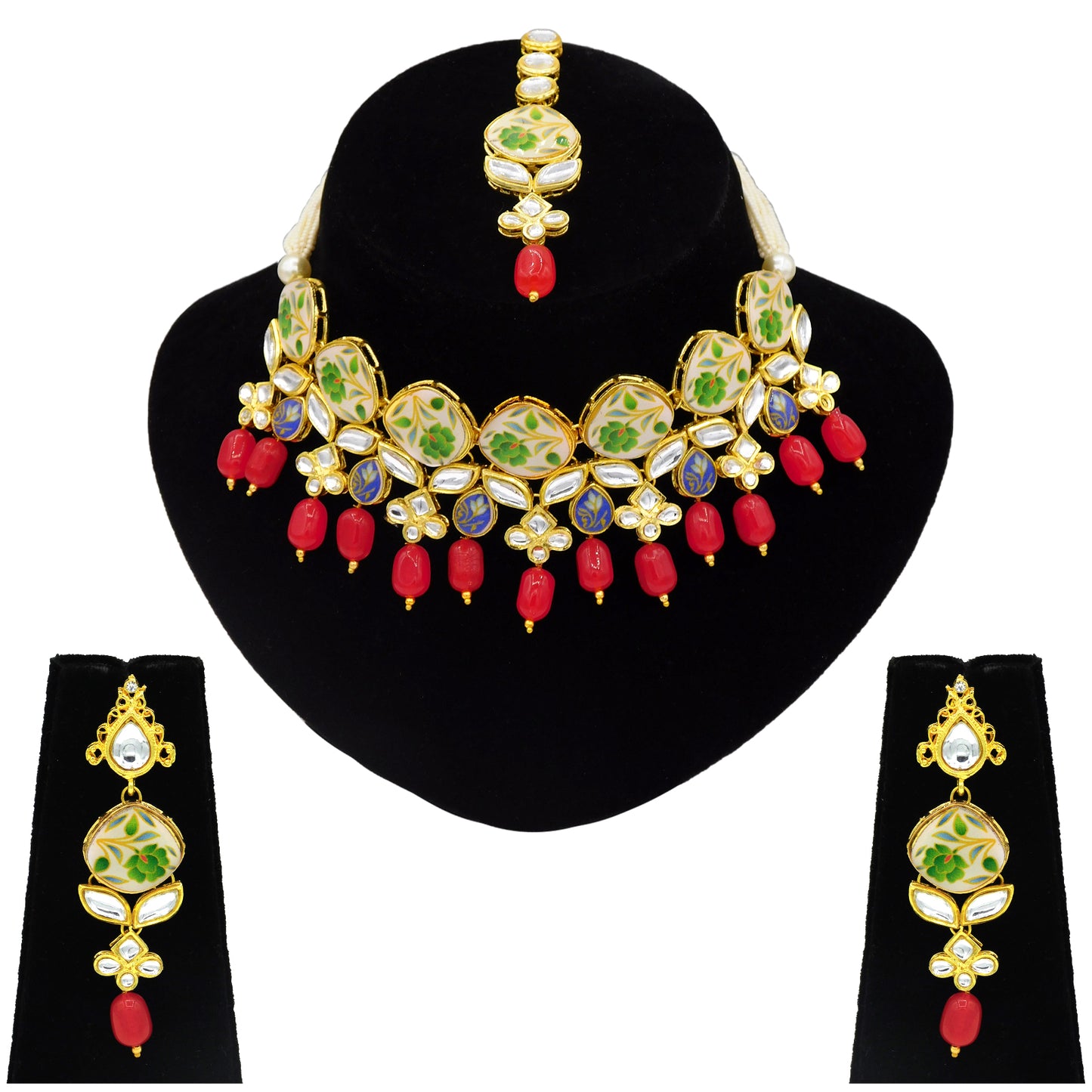 Sujwel Kundan and Painting with Floral Design Chokar Necklace Set (08-0281) - Sujwel