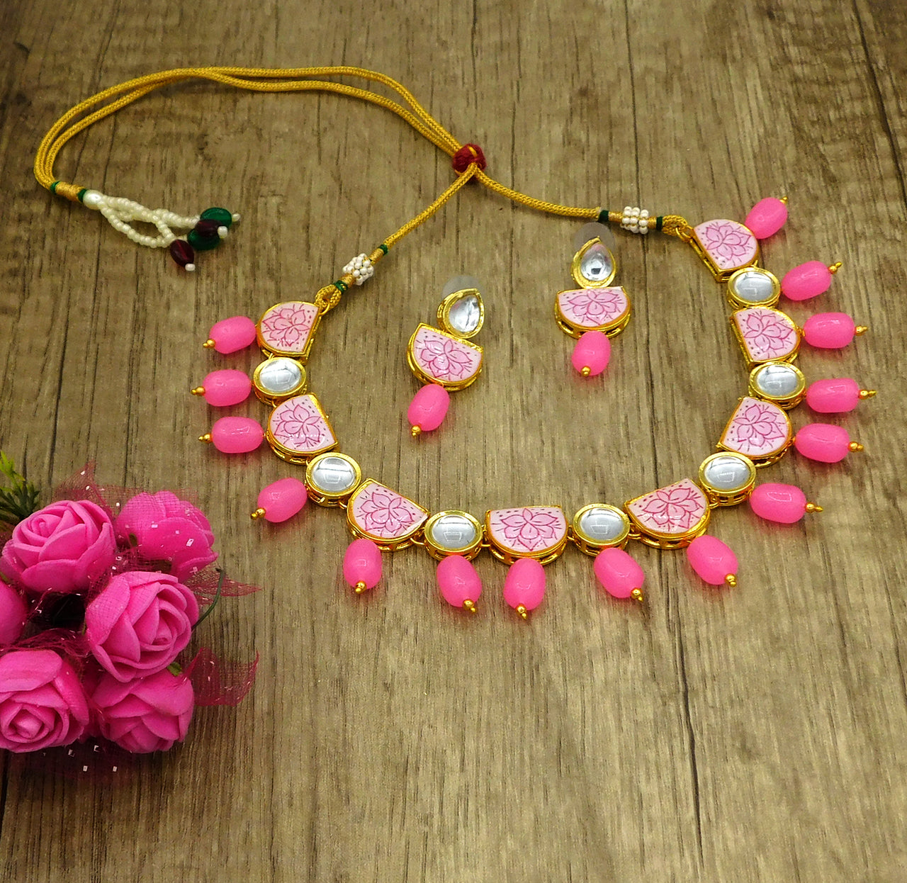 Sujwel Kundan and Painting with Floral Design Chokar Necklace Set (08-0428) - Sujwel