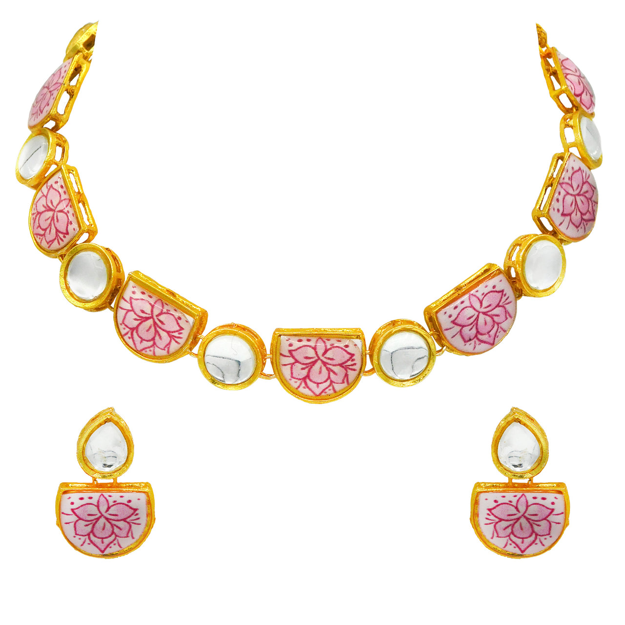 Sujwel Kundan and Painting with Floral Design Chokar Necklace Set (08-0427) - Sujwel