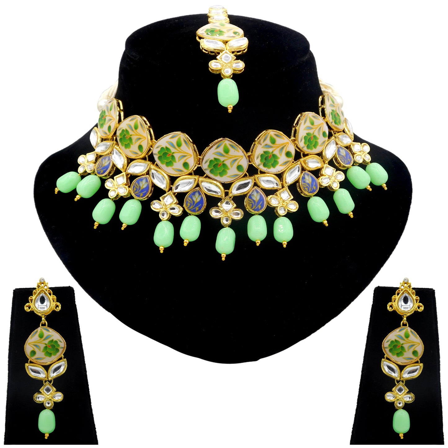 Sujwel Kundan and Painting with Floral Design Chokar Necklace Set (08-0281) - Sujwel