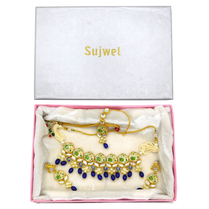 Sujwel Kundan and Painting with Floral Design Chokar Necklace Set (08-0281) - Sujwel