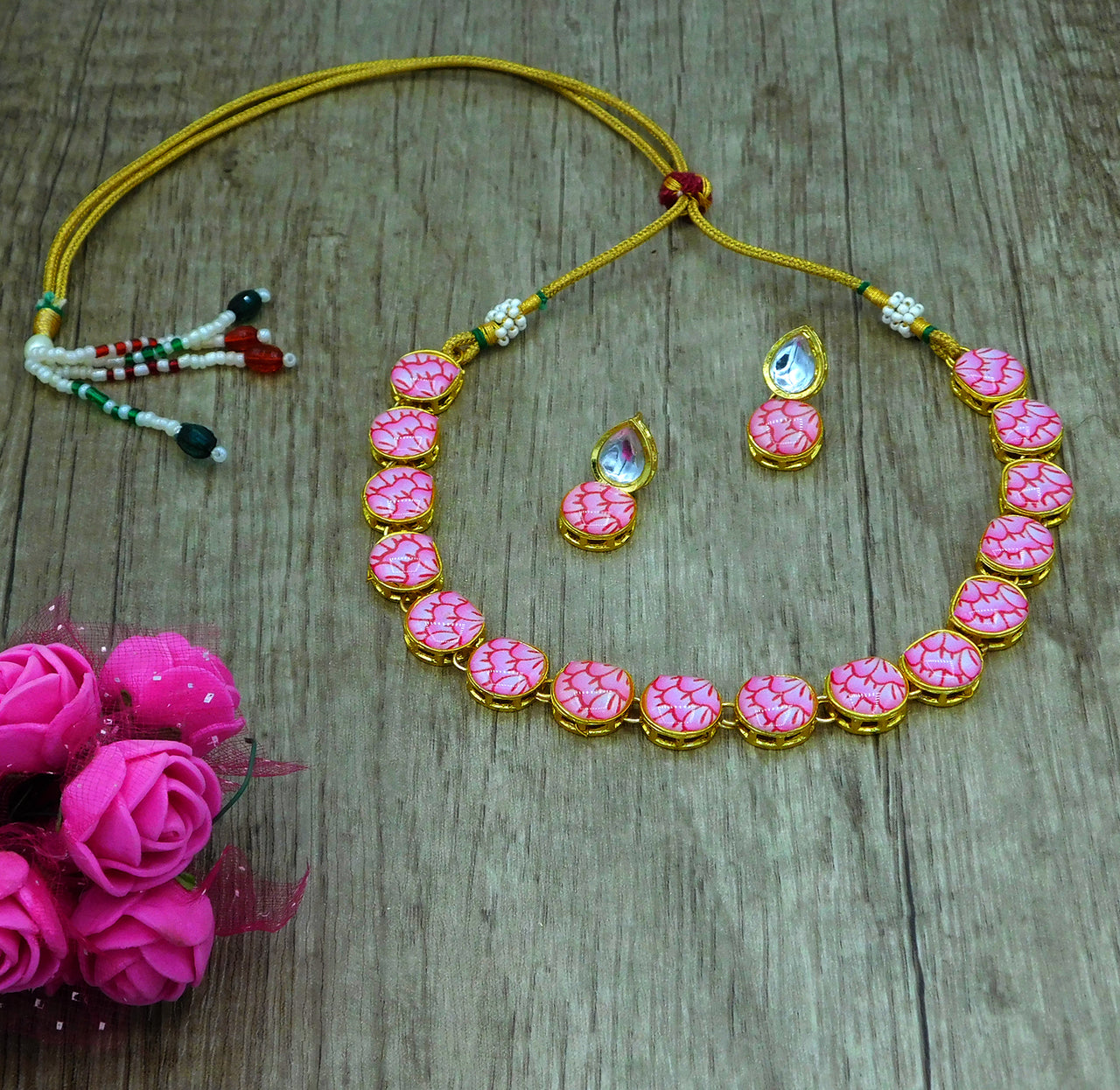 Sujwel Painting with Floral Design Chokar Necklace Set (08-0429) - Sujwel