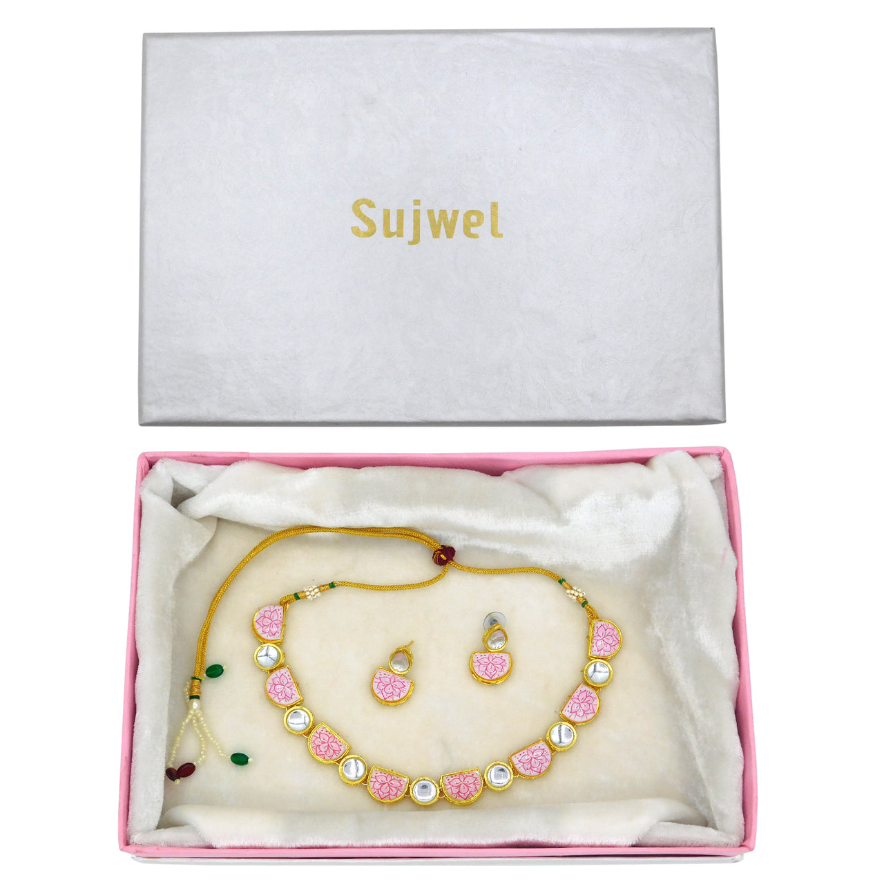 Sujwel Kundan and Painting with Floral Design Chokar Necklace Set (08-0427) - Sujwel