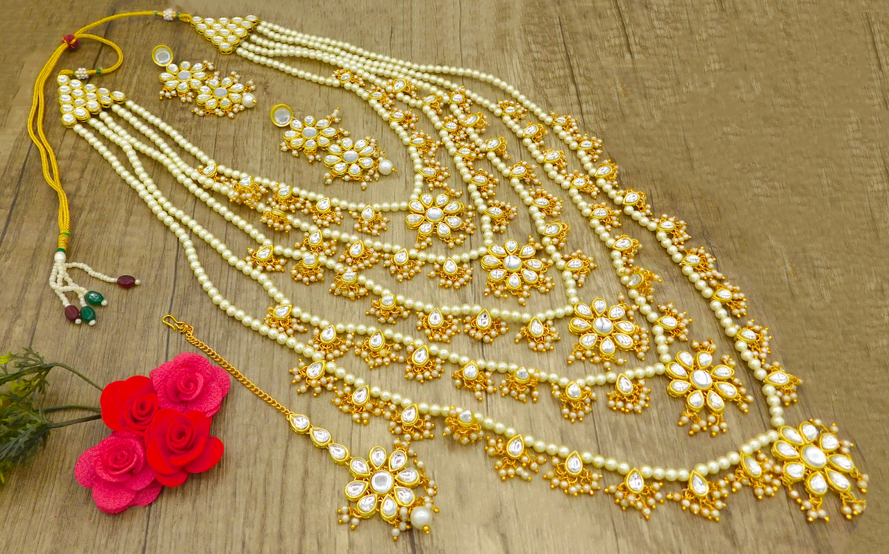 Sujwel Gold Plated Kundan 5 Layered Long Jewellery Set for Women (08-0107) - Sujwel