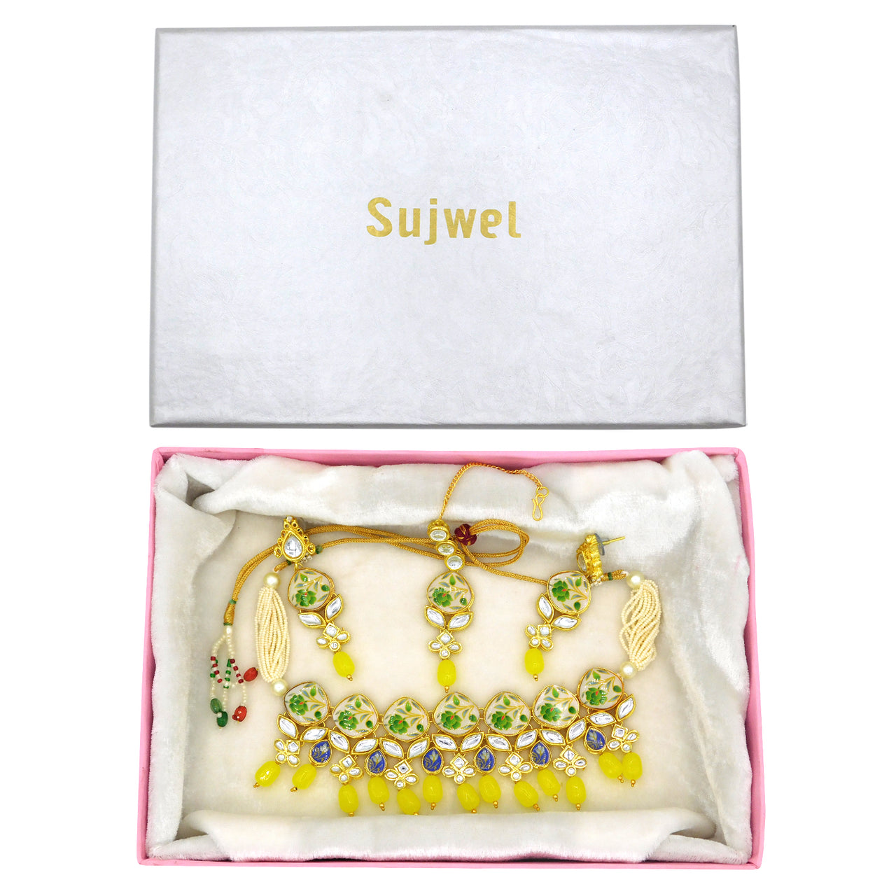 Sujwel Kundan and Painting with Floral Design Chokar Necklace Set (08-0281) - Sujwel
