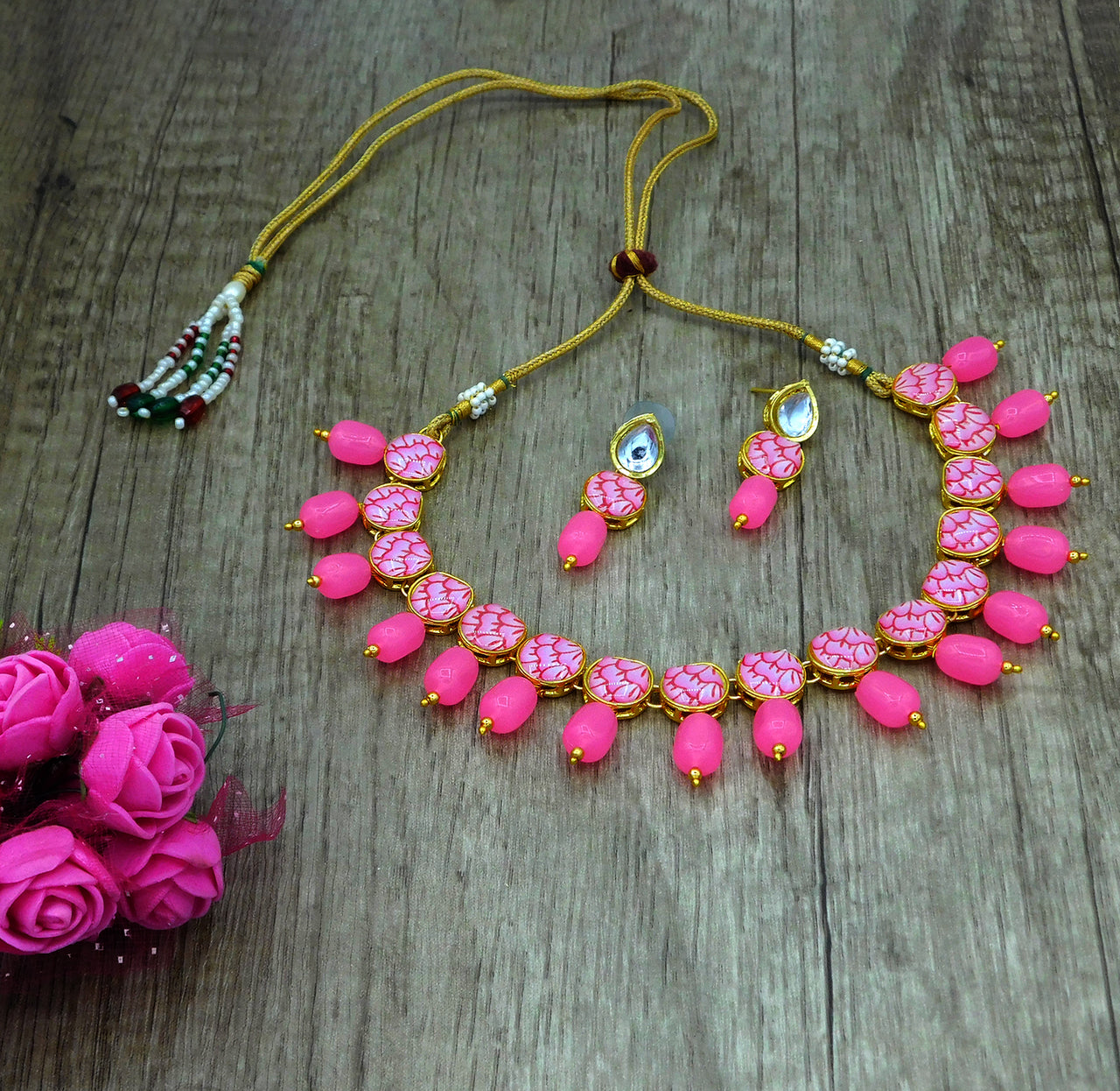 Sujwel Painting with Floral Design Chokar Necklace Set (08-0430) - Sujwel