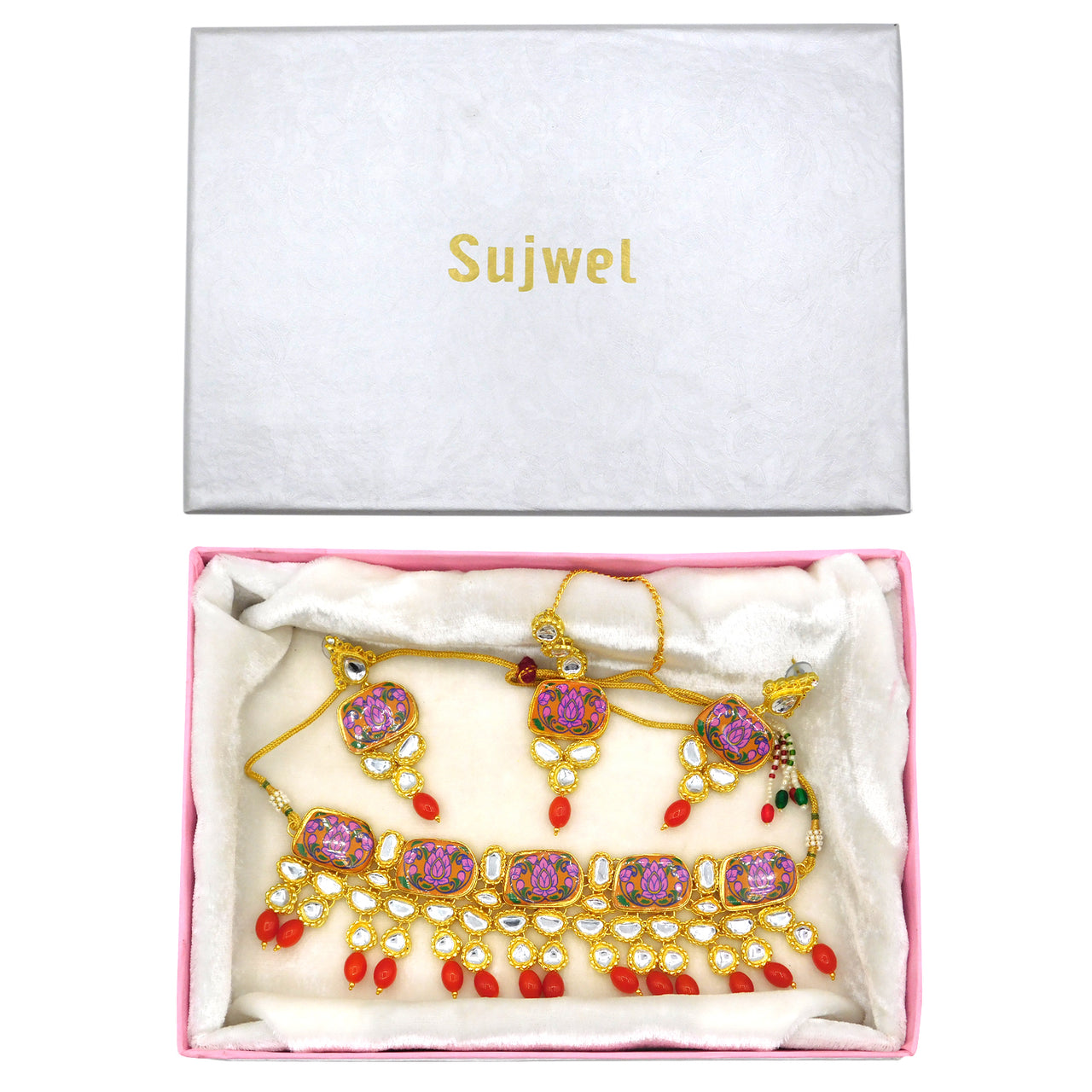 Sujwel Traditional Beaded Kundan Necklace Set With Maang Tikka for Women & Girls - Sujwel