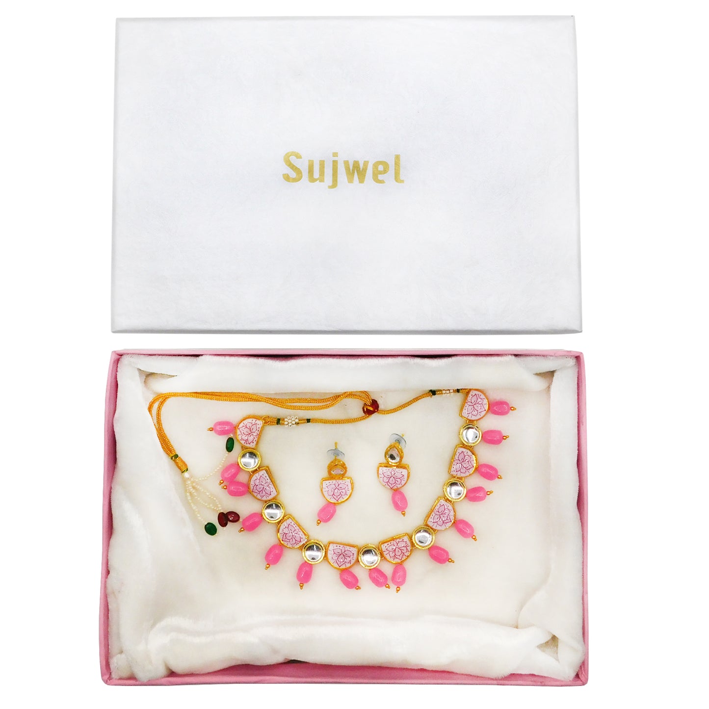 Sujwel Kundan and Painting with Floral Design Chokar Necklace Set (08-0428) - Sujwel