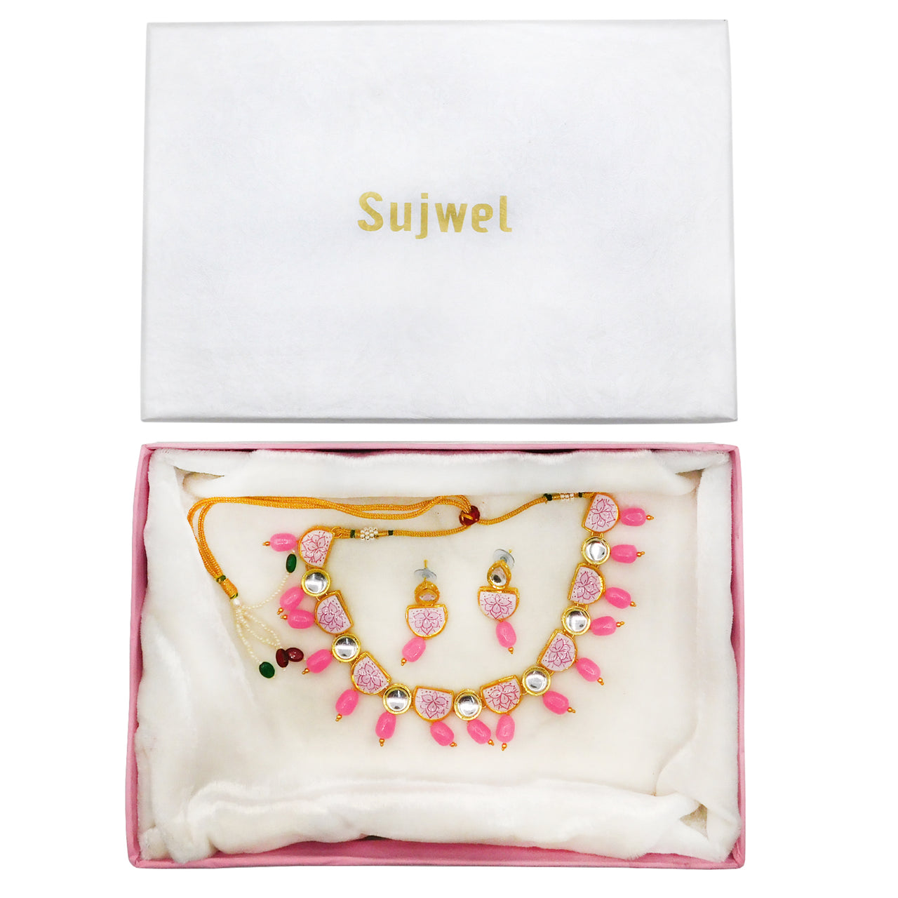 Sujwel Kundan and Painting with Floral Design Chokar Necklace Set (08-0428) - Sujwel