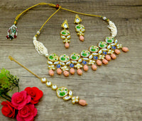 Thumbnail for Sujwel Kundan and Painting with Floral Design Chokar Necklace Set (08-0281) - Sujwel
