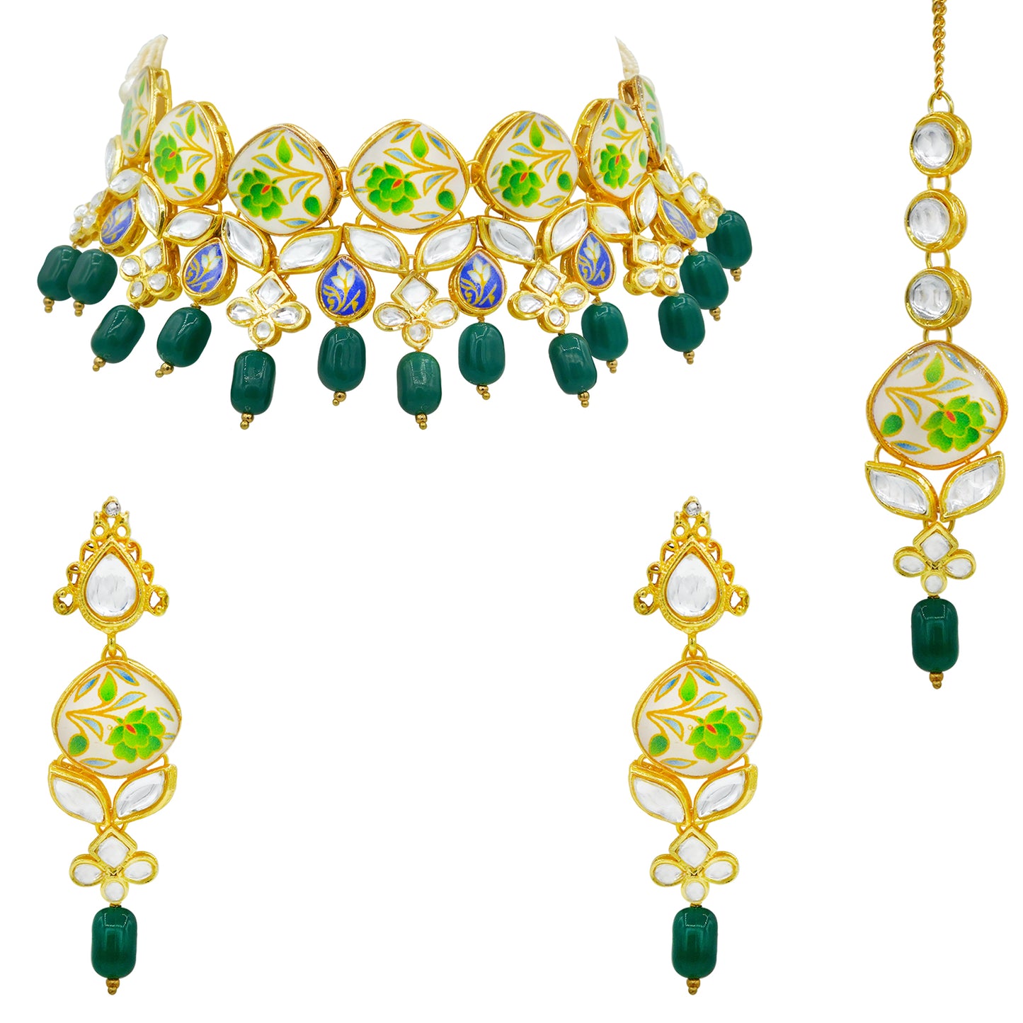 Sujwel Kundan and Painting with Floral Design Chokar Necklace Set (08-0281) - Sujwel