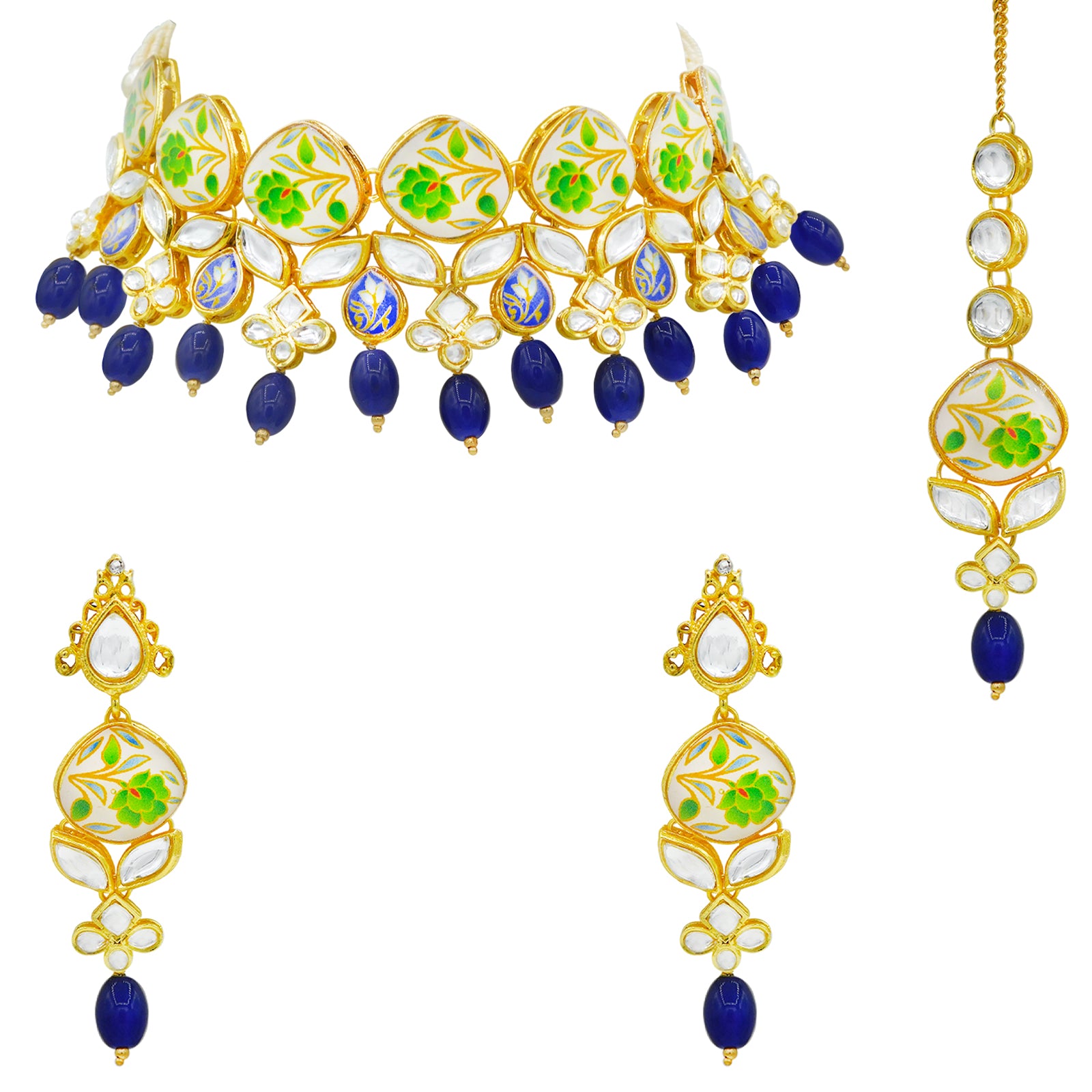 Sujwel Kundan and Painting with Floral Design Chokar Necklace Set (08-0281) - Sujwel