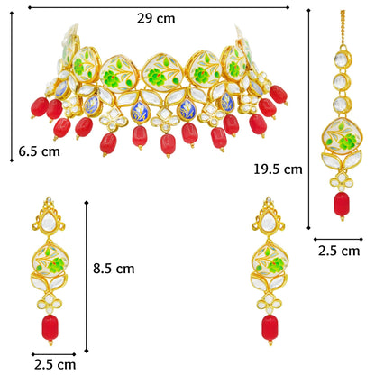 Sujwel Kundan and Painting with Floral Design Chokar Necklace Set (08-0281) - Sujwel