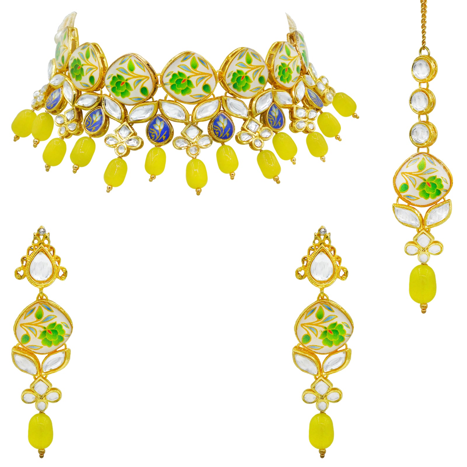 Sujwel Kundan and Painting with Floral Design Chokar Necklace Set (08-0281) - Sujwel