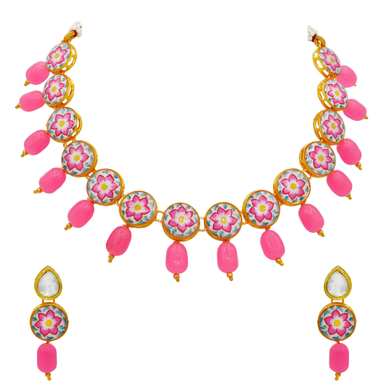 Sujwel Painting with Floral Design Chokar Necklace Set - Sujwel