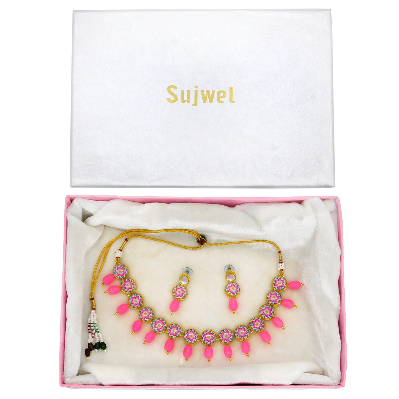 Sujwel Painting with Floral Design Chokar Necklace Set - Sujwel