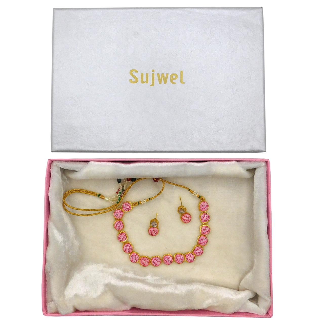 Sujwel Painting with Floral Design Chokar Necklace Set (08-0429) - Sujwel