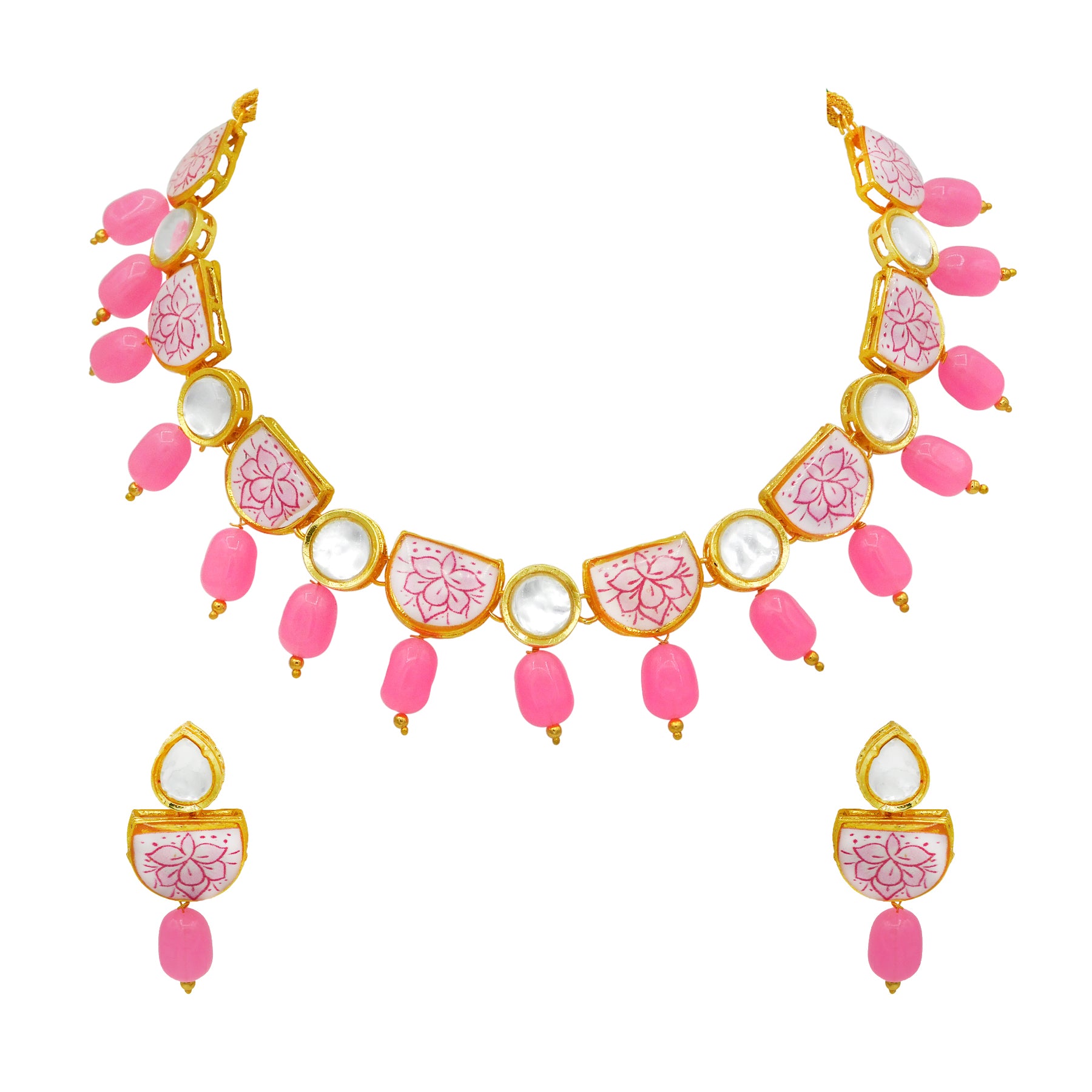 Sujwel Kundan and Painting with Floral Design Chokar Necklace Set (08-0428) - Sujwel