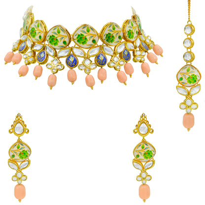 Sujwel Kundan and Painting with Floral Design Chokar Necklace Set (08-0281) - Sujwel