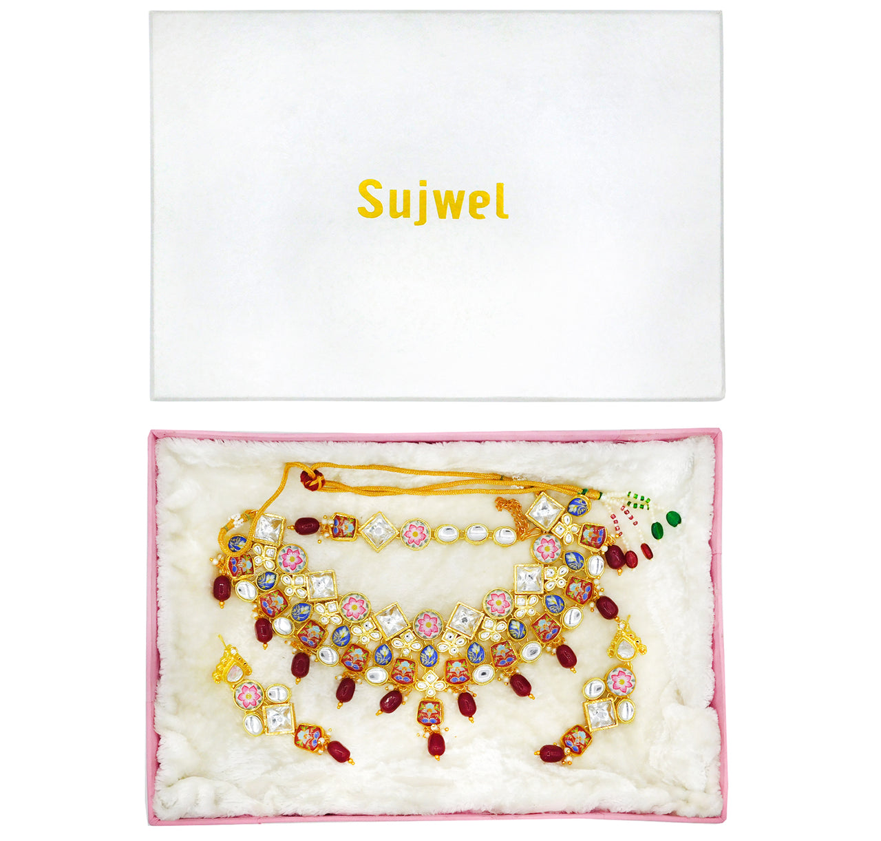 Sujwel Gold Plated Kundan Floral Design Choker Necklace Set (08-0271) - Sujwel