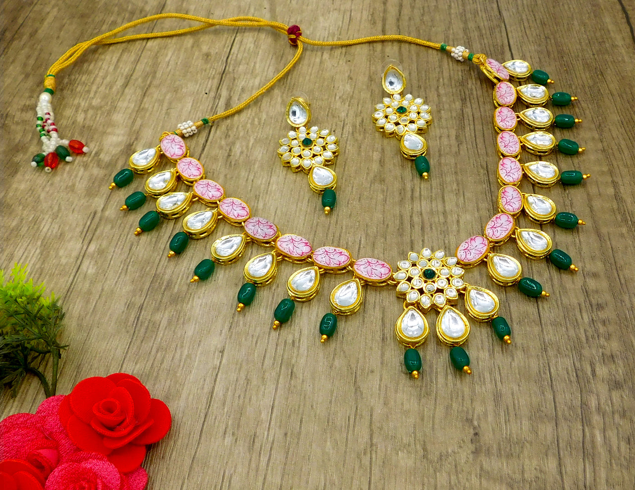 Sujwel Kundan and Painting with Floral Design Chokar Necklace Set (08-0229) - Sujwel